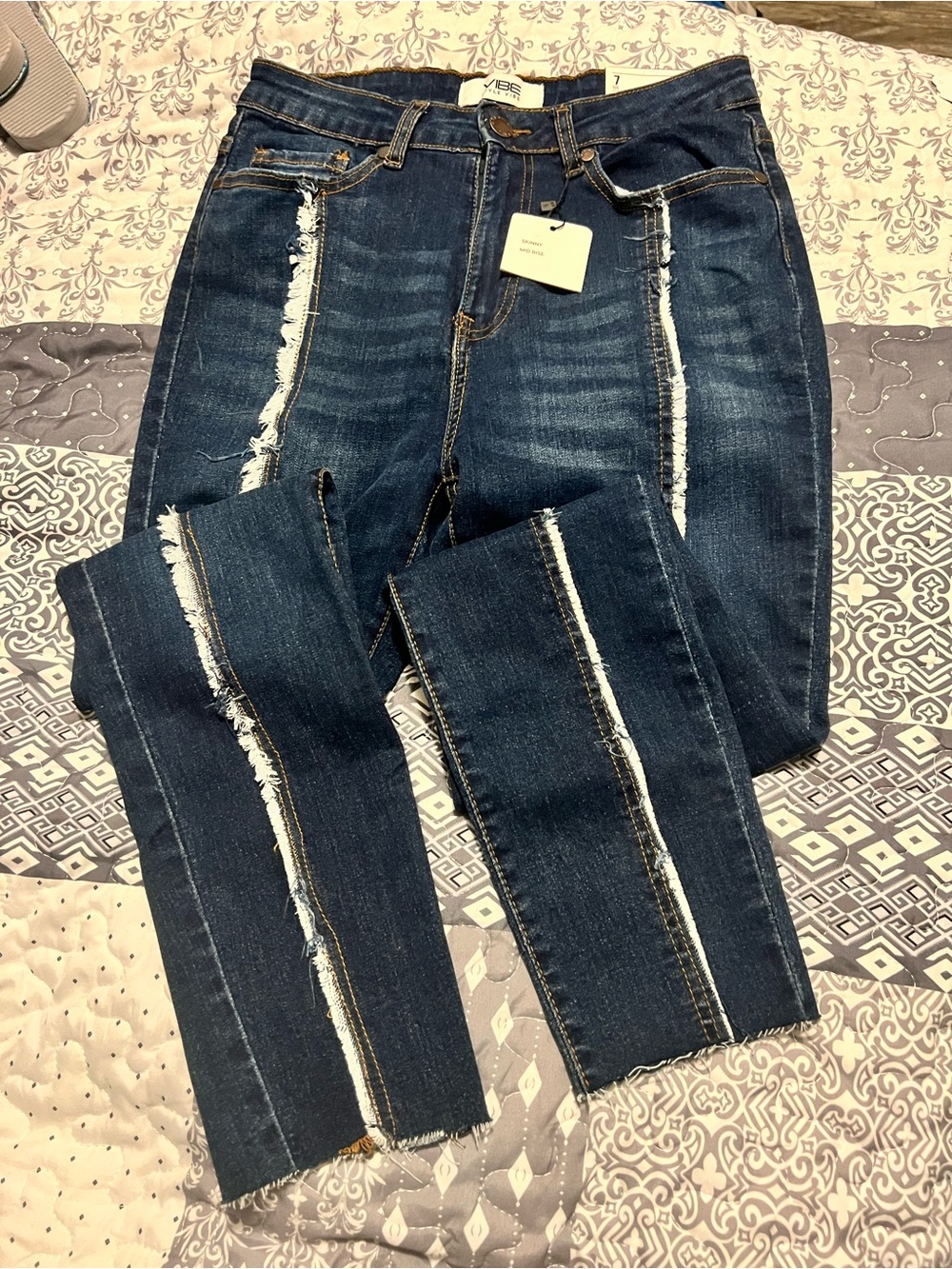 Vibe Dark Blue Skinny Jeans with White Distressed Front Stripes